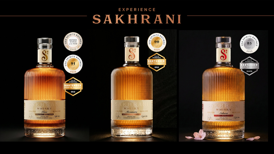 SAKHRANI Trilogy — Mizunara, Sakura, and Kuri whisky bottles, three Japanese wood finishes from Okinawa